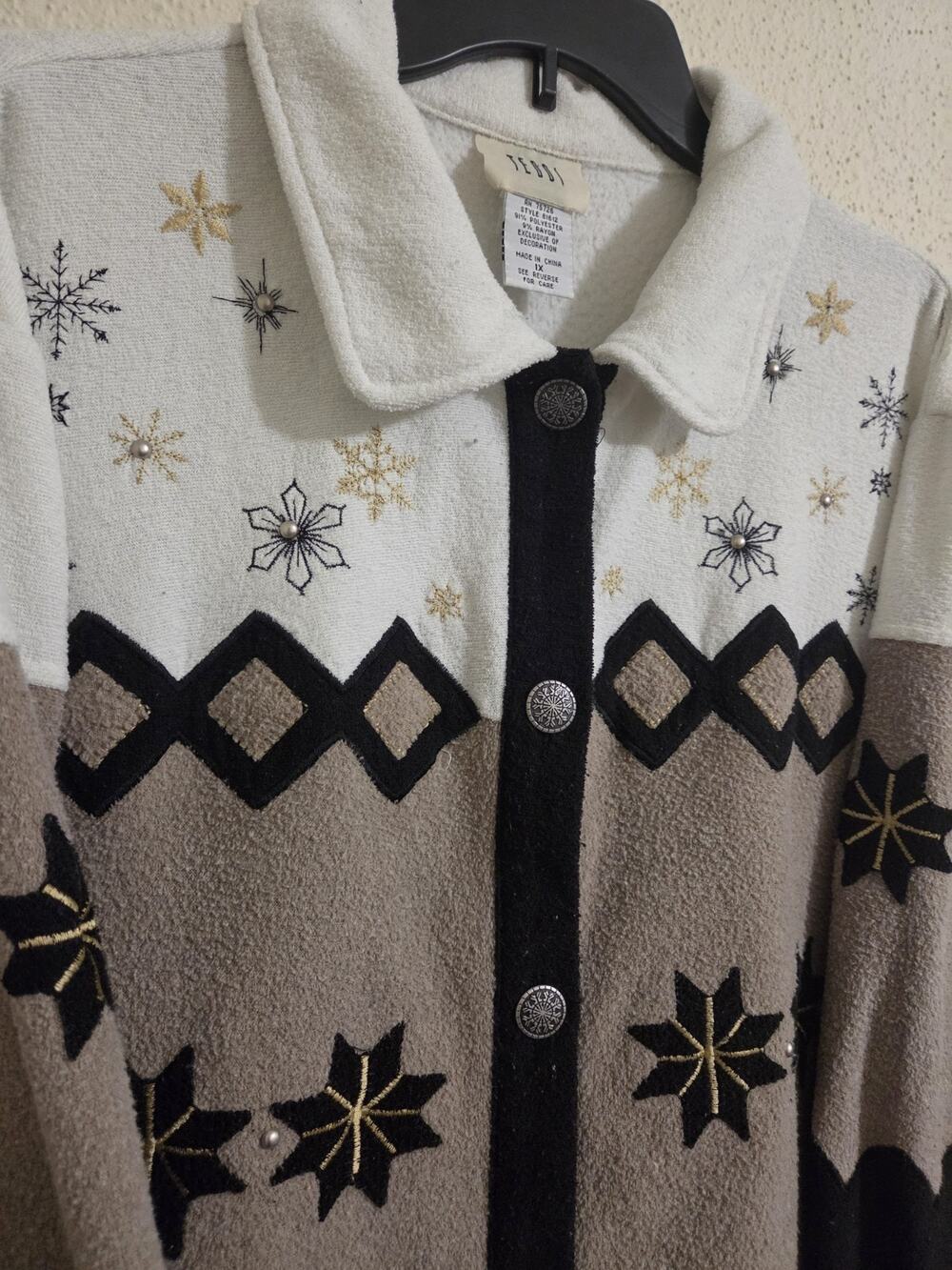 Vintage Teddi Fleece Jacket 1X Plus Size Snowflake Embroidered Colorblock Winter